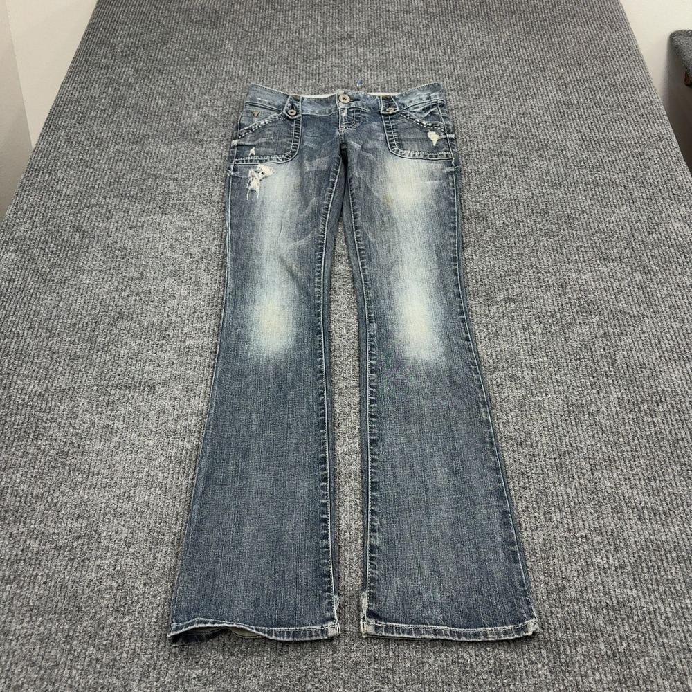 Guess Jeans Womens 27 Blue Cotton Spandex Distressed Low Rise Flare Y2K Style